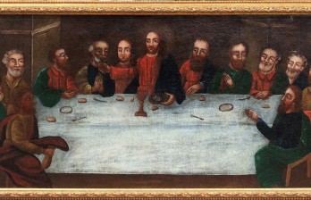 Антикварная картина икона Тайная вечеря 18 века холст масло.